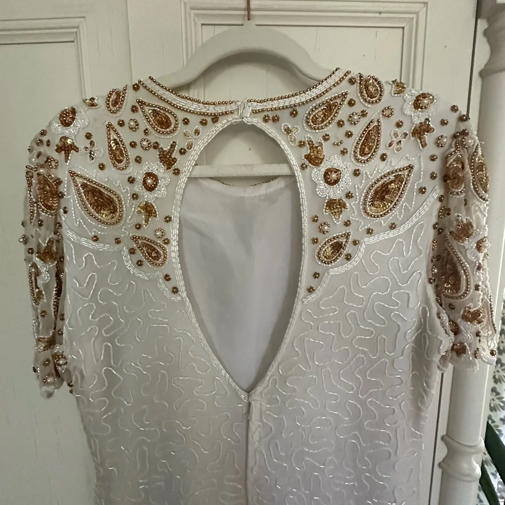 Vintage Lawrence Kazar Silk Beaded Sequined White And Gold Evening Dress Size L - Picture 5 of 7